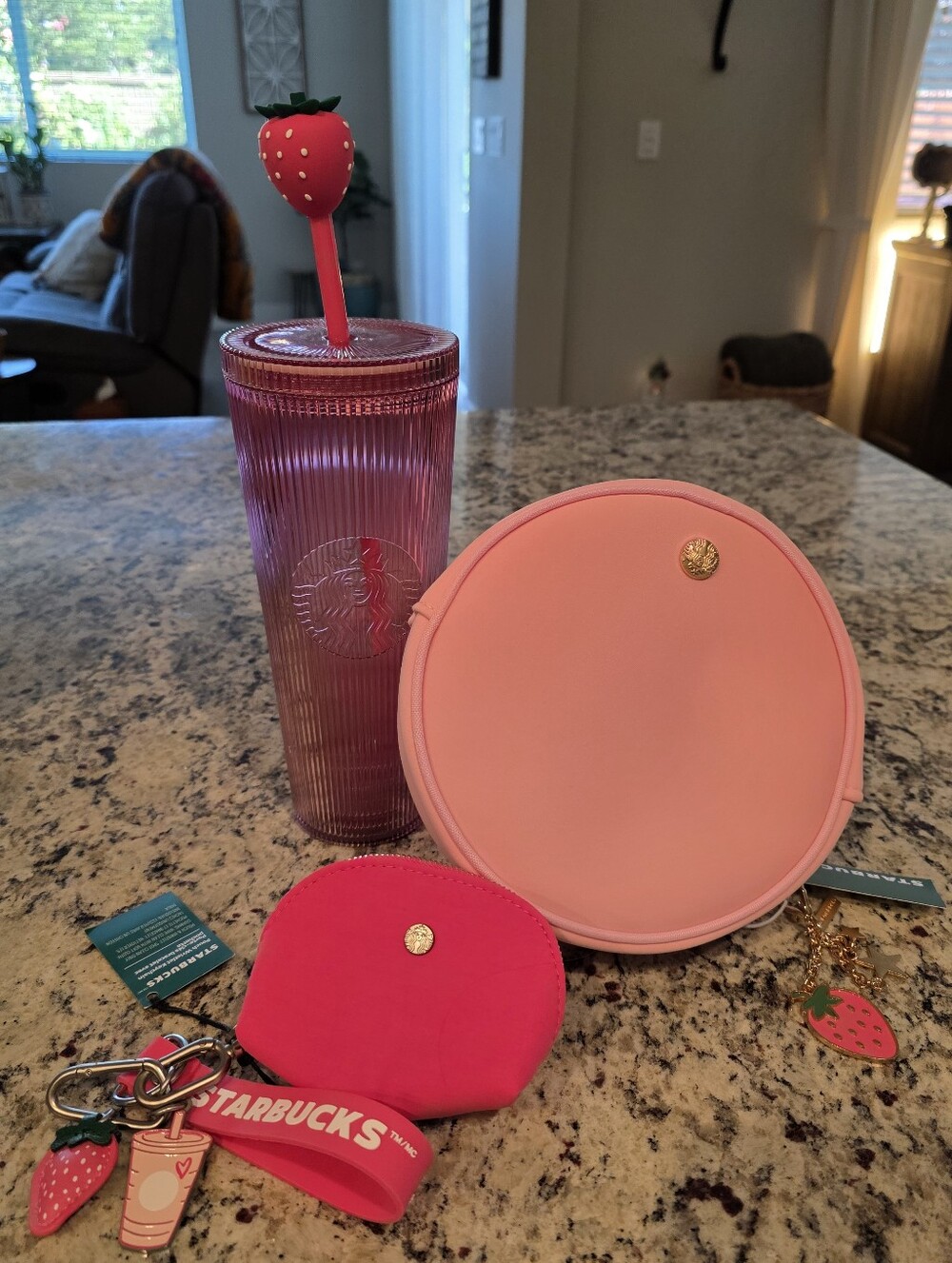Starbucks Pink Ribbed Tumbler with Pink Accessory Set